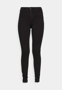 Jeans ajustados negros de denim, con cintura alta, cierre frontal con botón y diseño minimalista sin patrones ni acentos visibles.