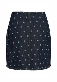 Jupe en denim foncé à coupe droite, ornée de pois bleu clair et de surpiqûres contrastées le long des coutures.