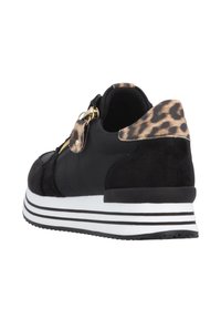 Black athletic shoe with suede material and leopard print accents on the heel. Features gold zip closure and a white striped sole.