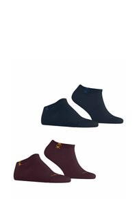 Quatre paires de chaussettes basses : deux noires avec des accents bleus, deux bordeaux avec des accents orange, toutes avec une texture lisse et côtelée.
