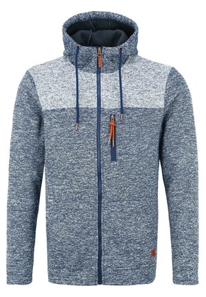 Pánska mikina na zips v tmavomodrom melírovanom prevedení so svetlosivou panelou, s vysokým golierom, nastaviteľnými šnúrkami a vreckom na zips na hrudi.