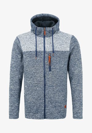 Herrar zip-up hoodie i mörkblå melange med ljusgrå panel, med hög krage, justerbara snören och en ficka på bröstet med dragkedja.