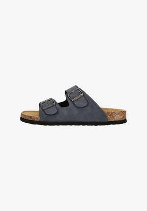 Grijze suède sandalen met twee verstelbare banden, metalen gespen, kurken voetbed en zwarte rubberen zool; open neusontwerp voor ademend vermogen.