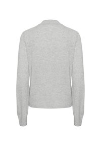 Pull gris clair à manches longues avec une texture douce en tricot, présenté de dos avec un design simple sans col.