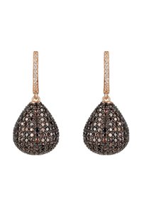 Droplet earrings with a black mesh design, featuring rose gold accents and a sparkling cubic zirconia studded top.