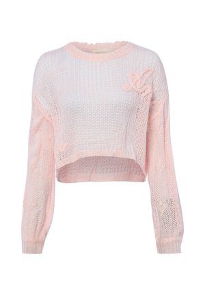 Lichtroze, losgebreide cropped trui met lange mouwen en een klein verhoogd gebreid decoratief detail op de bovenborst.