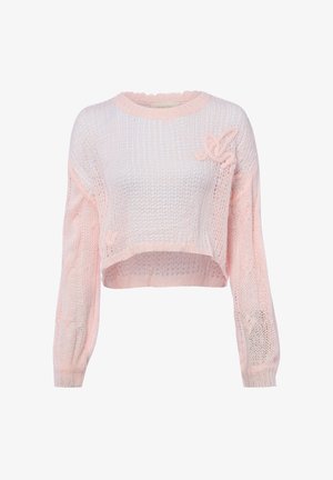 Lichtroze, losgebreide cropped trui met lange mouwen en een klein verhoogd gebreid decoratief detail op de bovenborst.