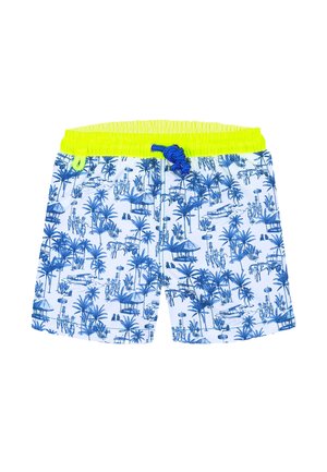 Shorts de bain bleus et blancs avec des imprimés de palmiers et de scènes de plage ; taille élastique néon jaune et cordon de serrage ; tissu léger.
