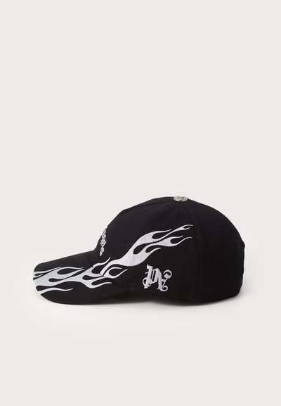 Black baseball cap made of fabric with silver flame patterns on the side and embroidered details. Features a curved brim and adjustable closure.