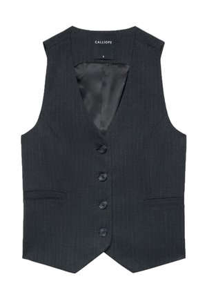 Gilet grigio scuro a righe sottili su misura con quattro bottoni neri e due tasche frontali a filetto, senza maniche con scollo a V.