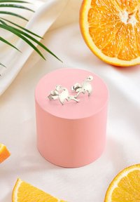 Silver flamingo örhängen uppställda på en rosa cylindrisk pelare, omgivna av apelsinskivor och gröna blad på en ljus tygbakgrund.