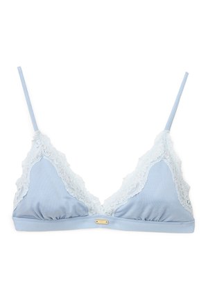 Jasnoniebieski trójkątny biustonosz typu bralette z białą koronkową lamówką i regulowanymi cienkimi ramiączkami na białym tle.