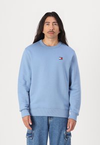 Felpa azzurra chiara in cotone, con scollatura rotonda, polsini a costine e un piccolo logo ricamato sul lato sinistro del petto.