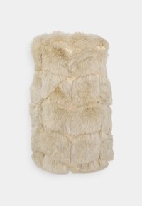 Gilet en fausse fourrure couleur beige clair, doté d'une surface texturée et pelucheuse avec un design en patchwork géométrique et un col duveteux.
