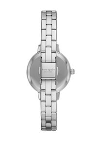 Silverfärgad klocka i rostfritt stål med länkarmband, rund urtavla och graverad logotyp på baksidan. Slät yta, minimalistisk design.