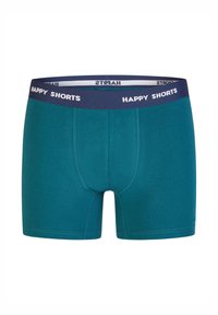 Tyrkysové boxerky z měkké bavlny s tmavě modrým elastickým pasem, na kterém je bílým písmem nápis "HAPPY SHORTS". Klasický střih se šitými švy.