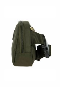 Borsa utilitaria in tessuto verde oliva con zip laterale, cuciture rinforzate e una tracolla nera regolabile con fibbia in plastica.