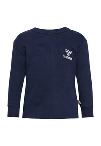 Navyblaues Langarmshirt aus geripptem Material, mit Rundhalsausschnitt und einem kleinen, weißen gestickten Logo auf dem oberen Rücken.