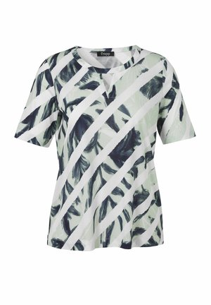 Damenoberteil mit kurzen Ärmeln, diagonalen weißen Streifen und dunklen Blattmustern auf hellem grünen Hintergrund, rundem Ausschnitt mit kleinem V-Ausschnitt.