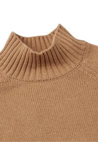 Maglione a collo alto a coste color marrone chiaro con un design delle spalle senza cuciture, che mostra una finitura morbida e testurizzata.