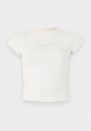 Valkoinen lyhytnahkainen t-paita, jossa on lyhyet hihat. Rinnassa on teksturoitu "Guess Originals" -logo siipien kera. Valmistettu pehmeästä kankaasta.