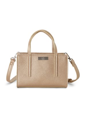 Piccola borsa rettangolare realizzata in materiale metallico dorato texturizzato. Caratterizzata da manici corti, una tracolla rimovibile e una placca con logo.