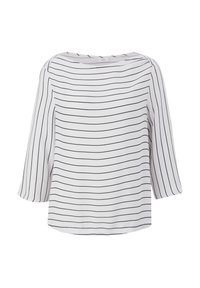 Blusa bianca con righe orizzontali nere. Presenta uncollo a barca e maniche a tre quarti. Tessuto morbido con una leggera lucentezza.
