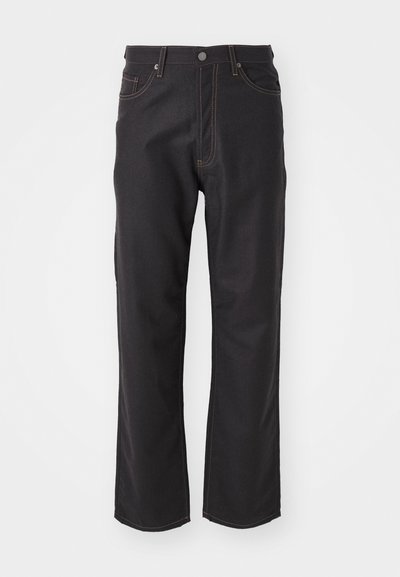 Black denim jeans with a straight-leg fit, featuring contrasting orange stitching, five-pocket design, and a classic button closure.