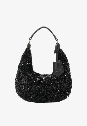 Black sequined handbag with a curved shape, leather straps, and a small attached leather tag featuring the brand name. Textured surface with shine.