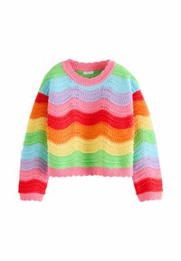 Pull tricoté multicolore avec des rayures ondulées en rose, rouge, orange, jaune, vert, bleu et violet. Encolure ronde et poignets côtelés.
