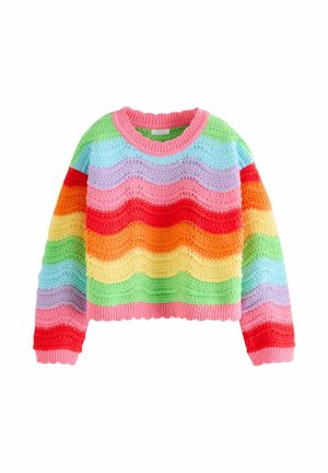Pestrý pletený sveter s vlnitými pásikmi v ružovej, červenej, oranžovej, žltej, zelenej, modrej a fialovej farbe. Výstrih dookola a rebrované manžety.