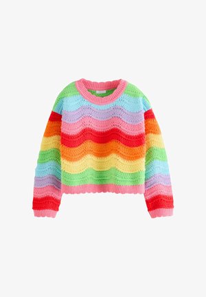 Mitmevärviline kootud kampsun, millel on lainelised triibud roosas, punases, oranžis, kollases, rohelises, sinises ja lillakas toonis. O-kaelus ja soonikkoes varrukasuu.