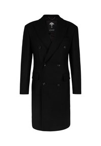Cappotto nero doppiopetto in lana con collo a revers, due tasche frontali e sei bottoni. Presenta una fodera interna liscia.