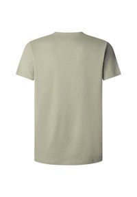 T-shirt à manches courtes et col rond de couleur vert olive clair, en coton doux, avec une texture lisse sans motifs ni ornements visibles.