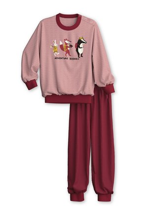 Kinderpyjama in twee delen met bordeauxrode broek en gestreept shirt met lange mouwen, bedrukt met het "Adventure Buddies"-ontwerp van konijn, vos en das.
