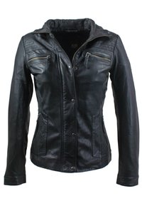 Schwarze Lederjacke mit Reißverschluss vorne, zwei Brusttaschen und Seitentaschen. Strukturierte Oberfläche mit Kapuze und Knopfdetails.