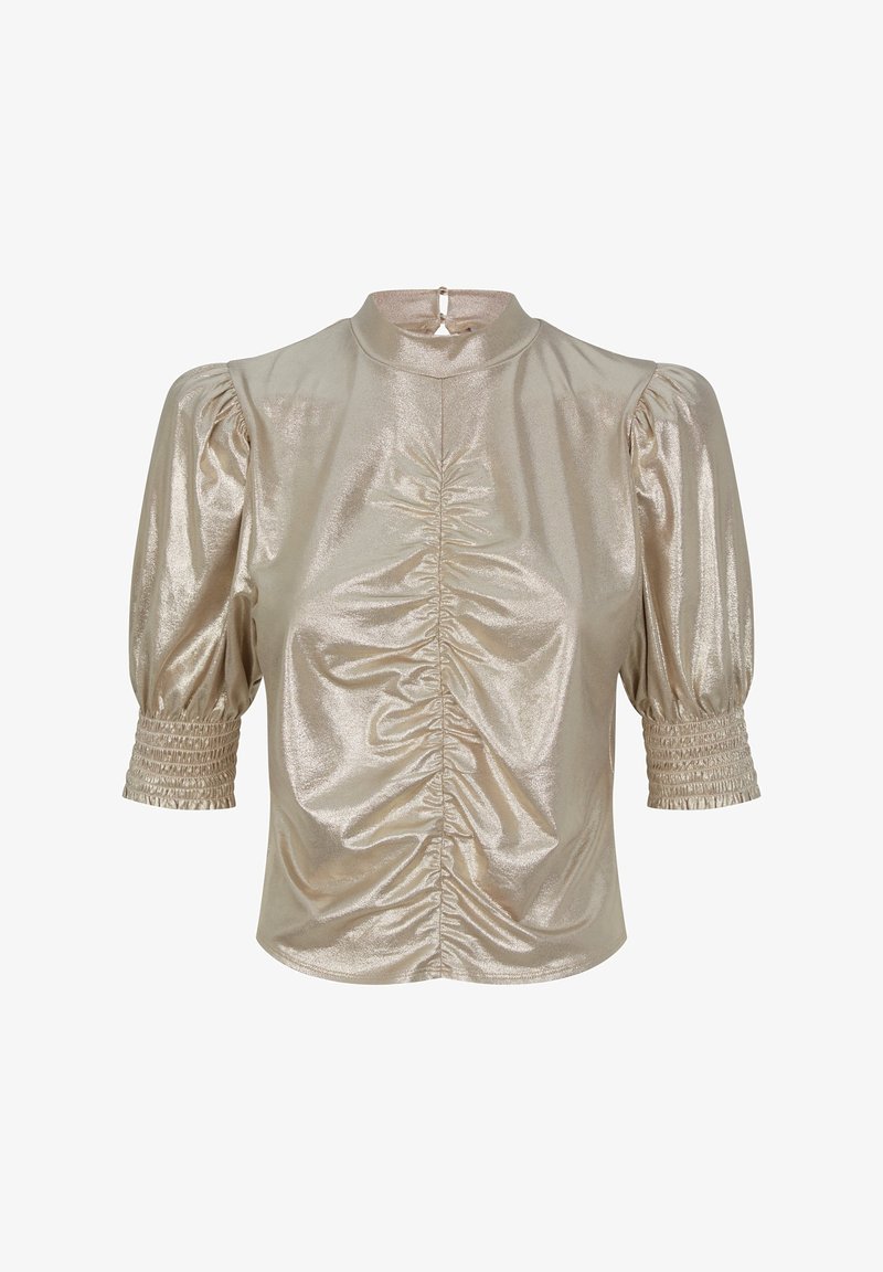 Metallic guldfärgad blus med hög krage, puffade kortärmar och smockning vid ärmsluten. Har en framstående samlingsdetalj. Slät textur.