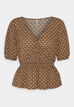 Braune Kurzarmbluse mit weißen Polka-Dots, V-Ausschnitt im Wickelstil, elastischem Taillenbund und leicht ausgestelltem Saum.