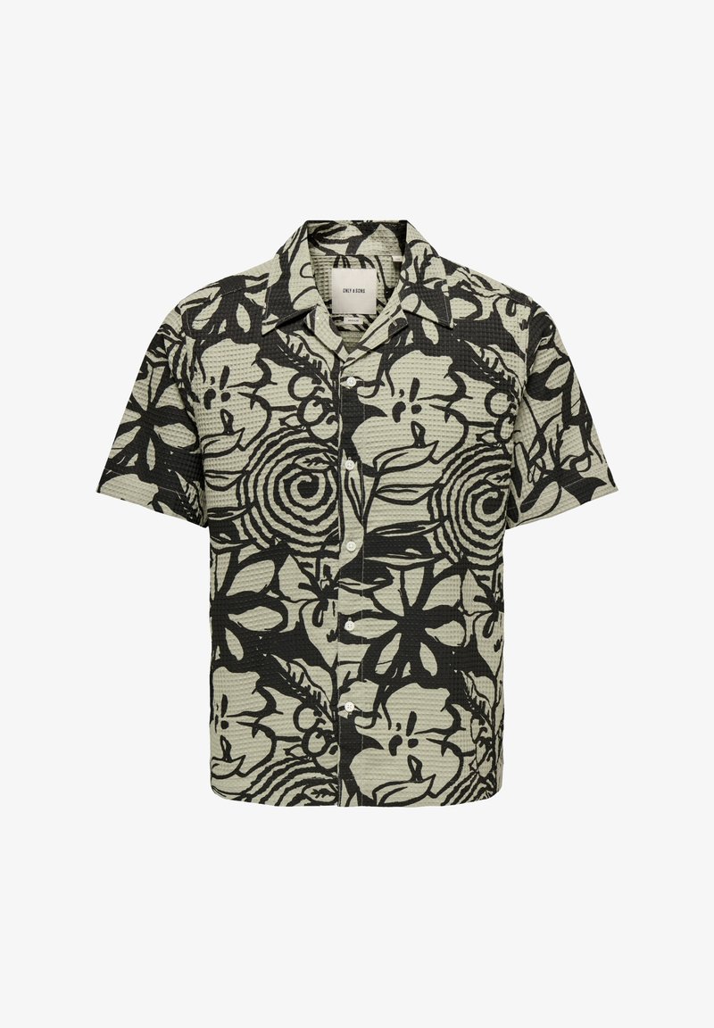 Kurzärmliges Hemd mit Knopfleiste in Hellgrün mit schwarzem Blumenmuster, strukturierter Stoff und spitzem Kragen. Mit vorderer Knopfleiste.