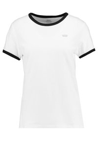 Vit t-shirt med svart ribbad rundad halsringning och ärmslut. Har en liten, broderad logotyp på bröstet. Tillverkad av bomull, kortärmad.