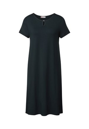 Schwarzes, kurzärmeliges Kleid mit einem runden Ausschnitt und einem Schlüsselaugen-Detail an der Vorderseite. Hergestellt aus weichem Stoff mit einer lässigen, A-Shape.