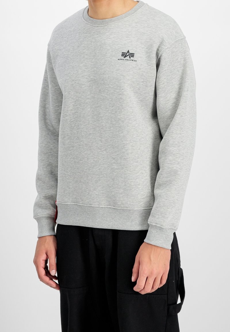 Homme portant un sweat-shirt gris clair Alpha Industries et un pantalon noir, debout devant un fond blanc uni.