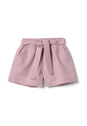Hellviolette Shorts mit hoher Taille, gebundenem Stoffgürtel, elastischem Bund und Seitentaschen, flach auf weißem Hintergrund liegend.