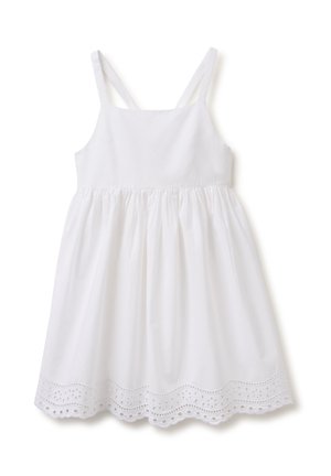 Robe d'été blanche sans manches avec encolure carrée, taille froncée et détail de bord en dentelle festonnée.