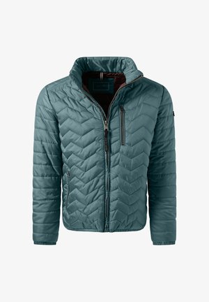 Teal gewatteerde jas metstaande kraag, rits aan de voorkant, ritszak op de borst en ritszakken aan de zijkanten, elastische manchetten en binnenvoering.