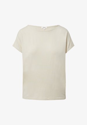 Jasnobeżowa bluzka z krótkim rękawem o okrągłym dekolcie, wykonana z miękkiego materiału, charakteryzująca się luźnym krojem oraz brakiem widocznych wzorów i akcentów.