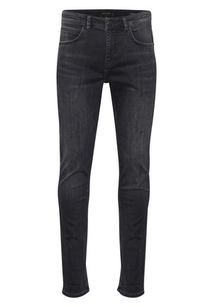 Jeans skinny-fit in denim grigio scuro, con tasche laterali e posteriori, chiusura con bottone frontale e dettagli di sfumatura leggera.