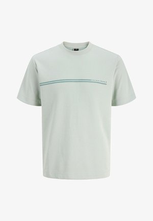 Uśmiechnięty chłopiec stojący, ubrany w jasnoszarą koszulkę z poziomym paskiem, czarne szorty typu cargo, białe skarpetki i czarne trampki na jednolitym tle.