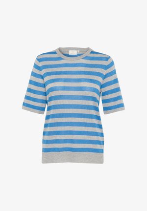 Blå og grå stribet kortærmet sweater med rund halsudskæring, strikket tekstur og en afslappet pasform. Accenter af skinnende tråd i hele blusen.