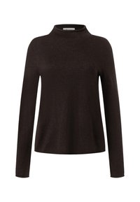 Maglione lungo a maniche lunghe di un marrone scuro con scollo alto, realizzato in tessuto morbido. Caratterizzato da una vestibilità comoda e un design minimalista senza fantasie.